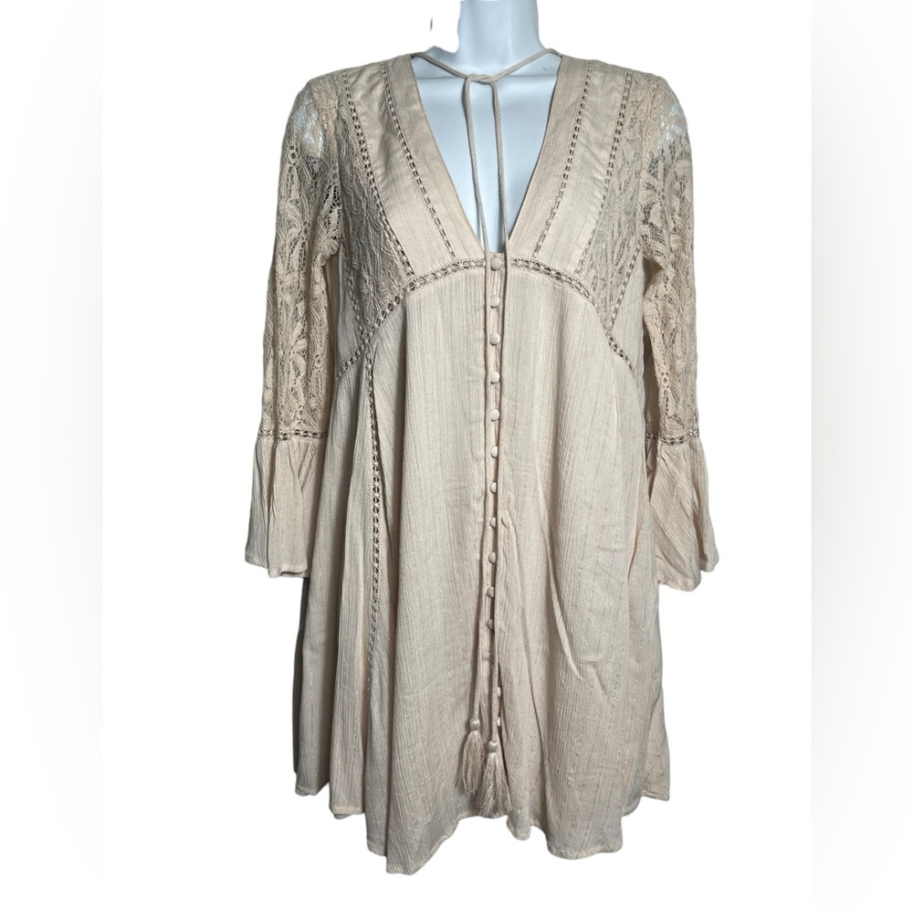 Chelsea & Violet Cream Boho Tunic Dress with Lace Sleeves